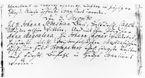 Register der Hochzeit von Bach mit Anna Magdalena Wickeln im Pfarrhaus der Jacobskirche, Köthen, 3. Dezember 1721